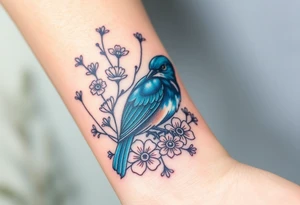 Angry bluebird surrounded by wild flowers tattoo idea