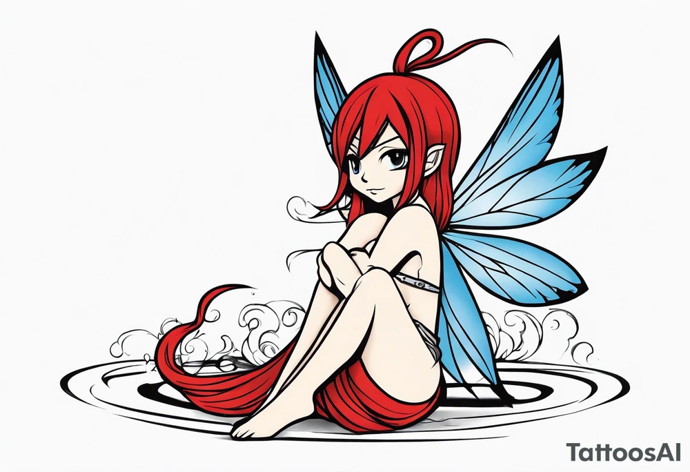 A fairy with a tail inspired by the logo of the show called Fairy Tail in a fetal position leaning in tattoo idea