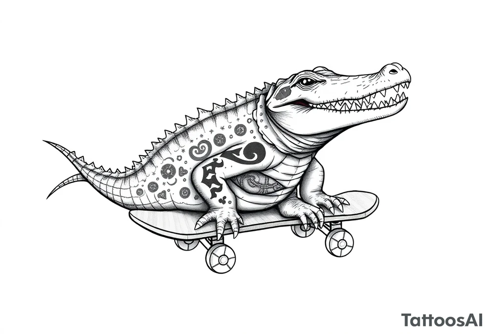 crocodile riding a skateboard with piercings and tattoos tattoo idea