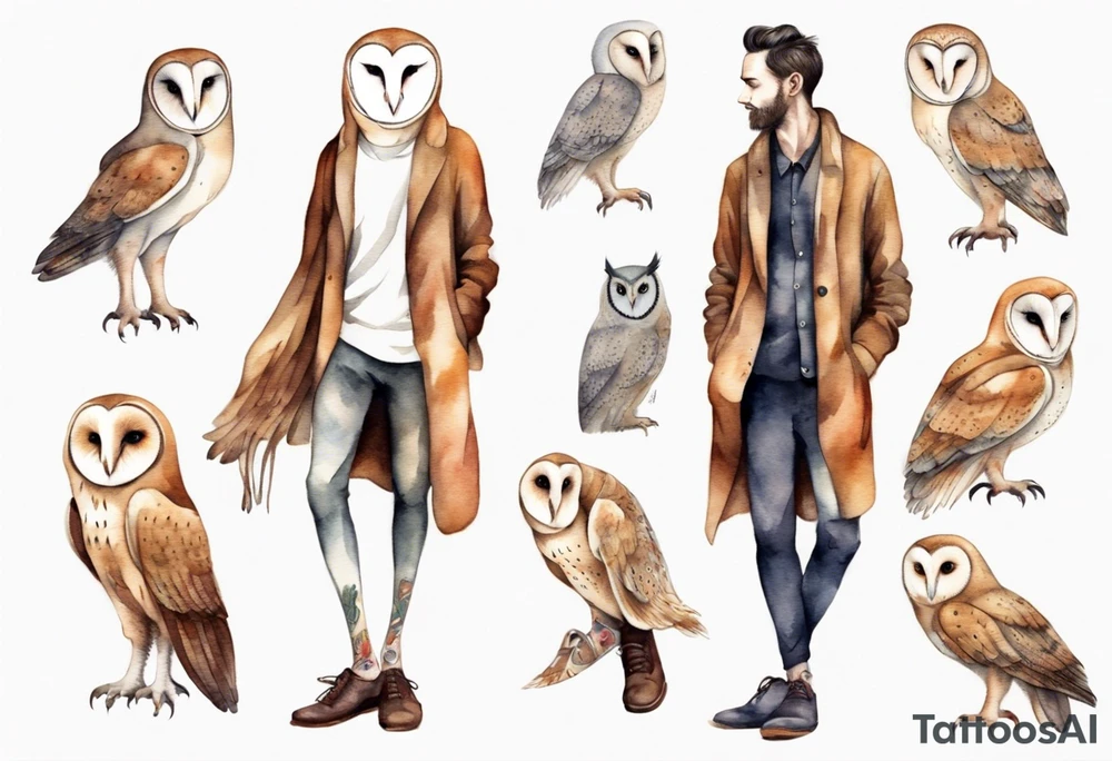 a skinny man with long legs and the head of a barn owl wearing wool leggings and shoes with curled toes tattoo idea