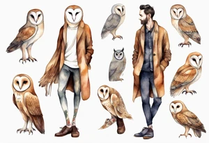 a skinny man with long legs and the head of a barn owl wearing wool leggings and shoes with curled toes tattoo idea