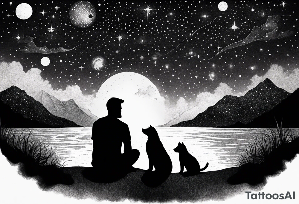 a night sky with leo and cancer constellation, mountains, a father and son with his dog and cat sitting by the water tattoo idea