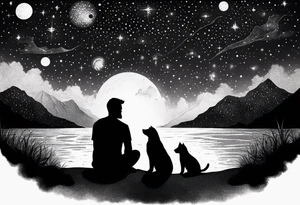 a night sky with leo and cancer constellation, mountains, a father and son with his dog and cat sitting by the water tattoo idea