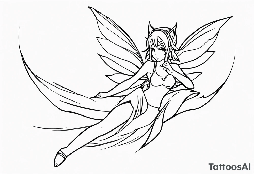 No color sketch of a fairy with a tail inspired by the guild symbol in the anime show called Fairy Tail in a fetal position leaning forward while crawled in and her body is an angle while floating in the air with big wings tattoo idea