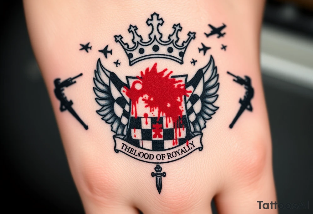 Men Doom Crest  with A Giant King Crown, CAUDLE written inside red, a chessboard, blood splatter on top of two  racing flags & OTF inside, The Words The Blood Of Royalty in red underneath the crest & 🌍 symbol in red outside of the crest, And raining blood drops, Jets/Airplanes/Helicopters/explosives flying above & Guns & Tanks & soldiers & knights plus ships tattoo idea