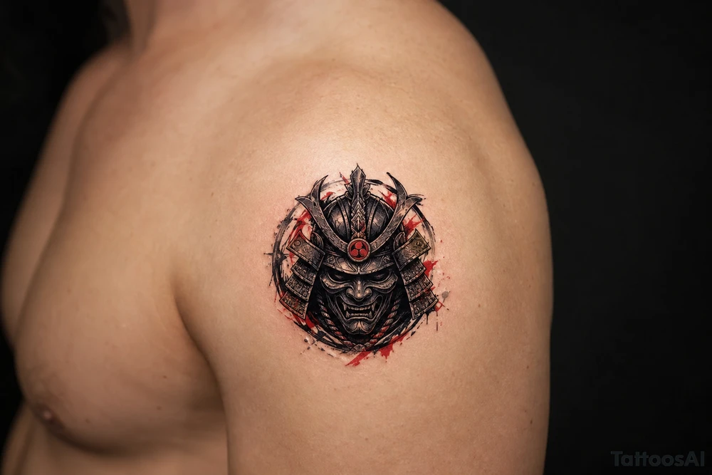 Pop black and grey samurai warrior mask, intricate details, shoulder tattoo idea