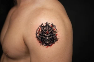 Pop black and grey samurai warrior mask, intricate details, shoulder tattoo idea