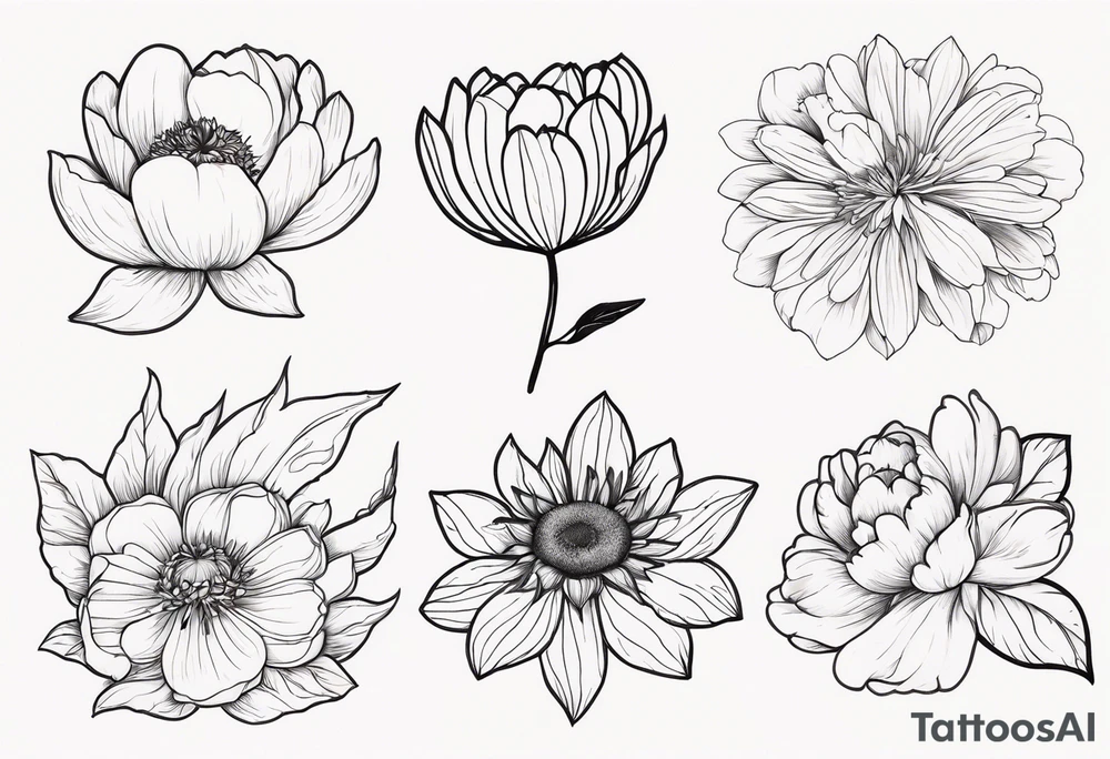 peony, calendula, sunflower, tulip, cherry blossom and ginko leaf tattoo idea