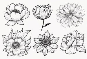 peony, calendula, sunflower, tulip, cherry blossom and ginko leaf tattoo idea