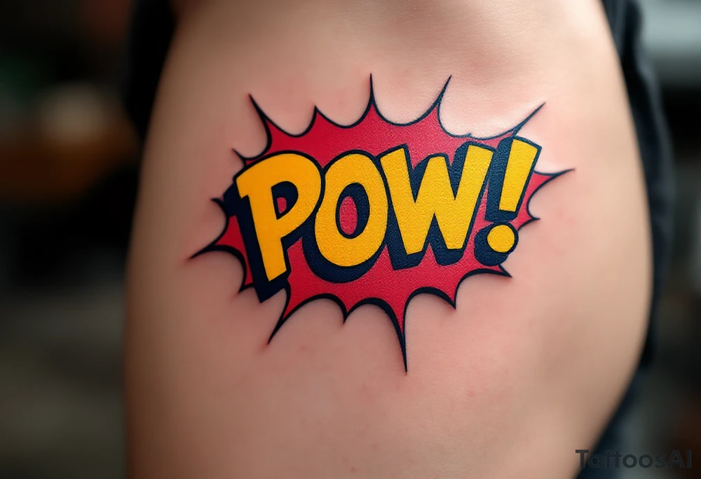 A comic-book style “POW!” bubble in red and yellow with “Díky tati!” inside. tattoo idea