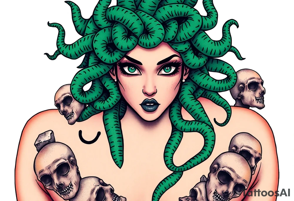 A detailed Medusa portrait with emerald-green serpents, her gaze hypnotic, surrounded by shattered stone faces of her victims tattoo idea