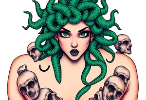 A detailed Medusa portrait with emerald-green serpents, her gaze hypnotic, surrounded by shattered stone faces of her victims tattoo idea