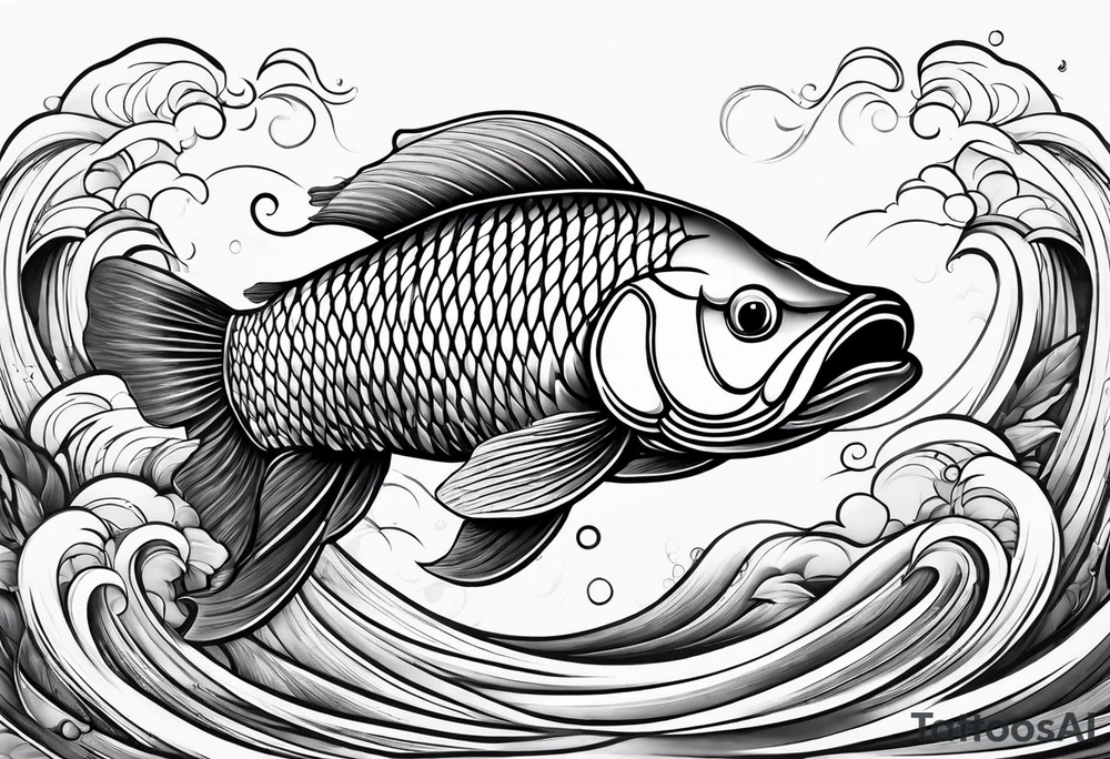 Arowana fish in waves with lotus tattoo idea