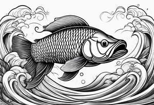 Arowana fish in waves with lotus tattoo idea