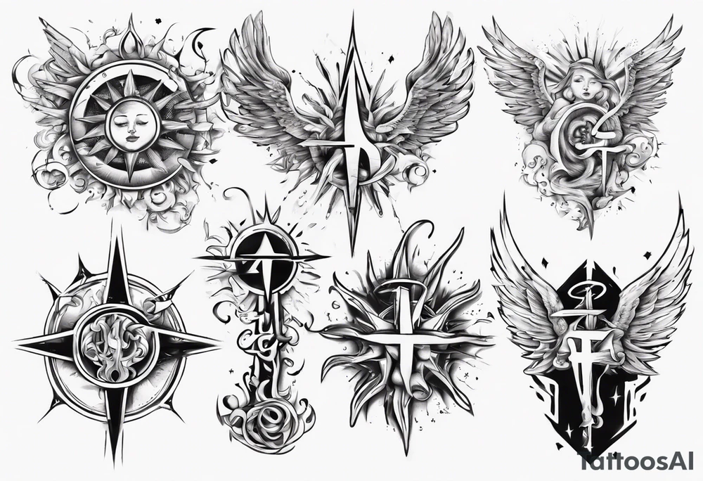 abstraction with sun and letters and angels tattoo idea