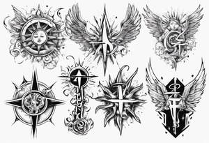 abstraction with sun and letters and angels tattoo idea