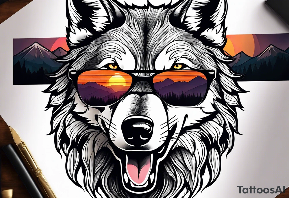 Badass wolf wearing sunglasses
Dark woods
Mountain peaks
Sunset tattoo idea