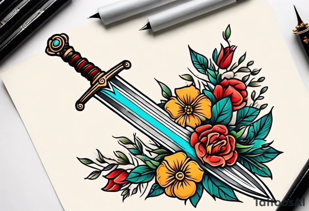 sword traditonal vintage tattoo colorful with flowers tattoo idea