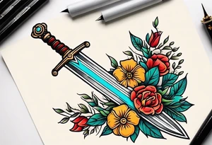 sword traditonal vintage tattoo colorful with flowers tattoo idea