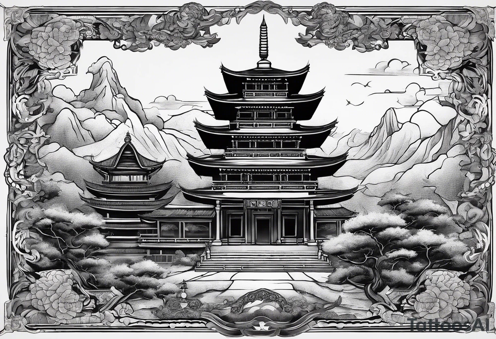 a old world map as the background with a small Buddhist temple at the bottom tattoo idea