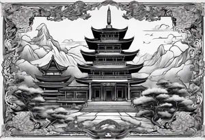 a old world map as the background with a small Buddhist temple at the bottom tattoo idea