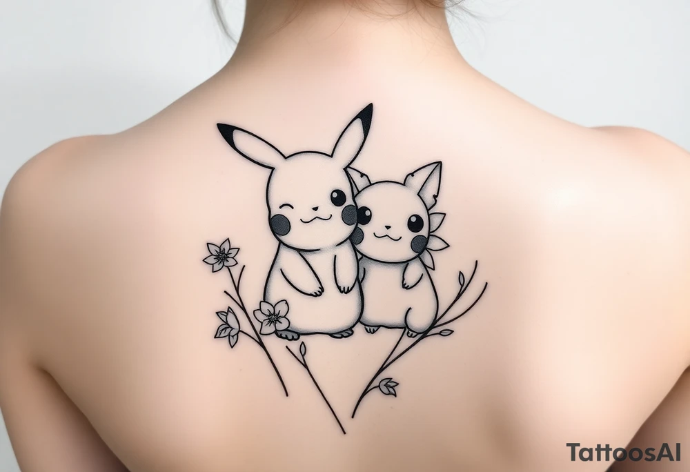 Thin outline of daffodil flowers, narcissist flowers, a cute Pikachu and a cute Bulbasaur together tattoo idea