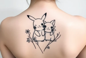 Thin outline of daffodil flowers, narcissist flowers, a cute Pikachu and a cute Bulbasaur together tattoo idea
