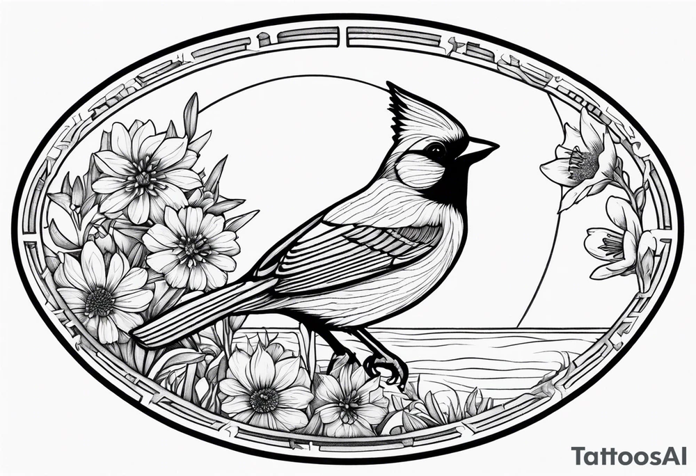 Oval shape with sea rocket and aster flowers with a small cardinal room in the center for a signature less ornate tattoo idea