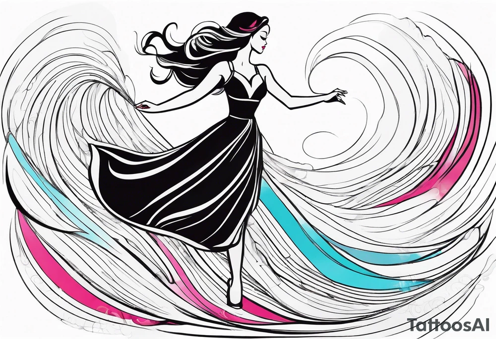 Girl twirling full body with flowing dress tattoo idea