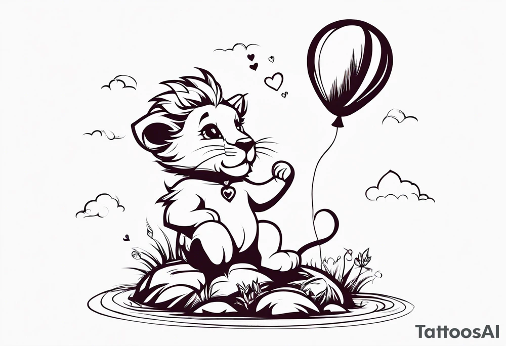 tatoo in sketch style only.
A little lion boy is holding a string to the hearth shaped small party baloon.
lion boy should be drawed from behind and has one hand reaching up in 45 degree angle and holding the baloon string
On the string is a wave which look like a hearbeat pulse.
draw it without any scenery, without any background. Just a boy 
Add heartbeat pulse on the string tattoo idea