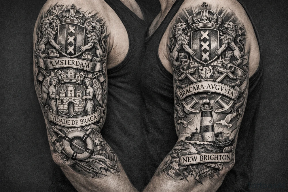 Crests of Amsterdam and Braga and New Brighton tattoo idea