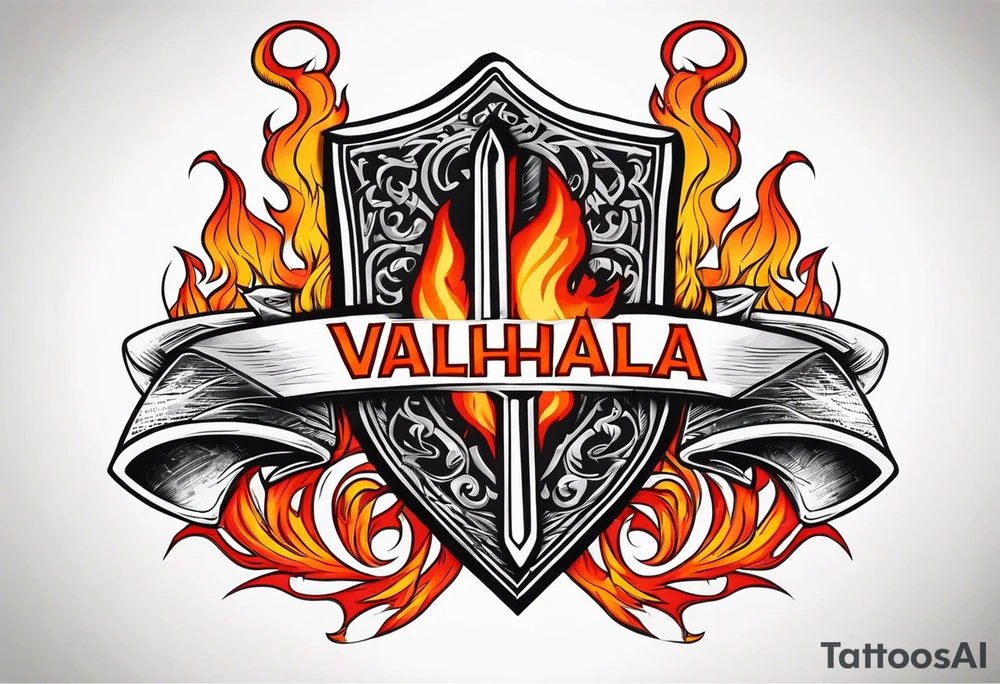 Valhalla on  fire shield sword tattoo idea