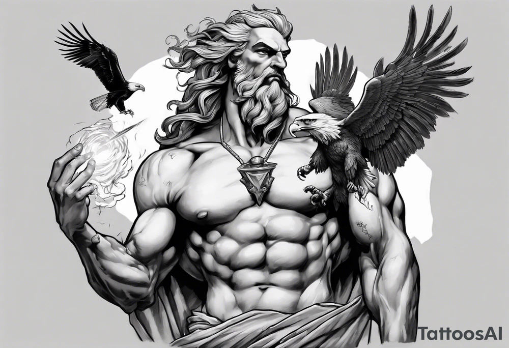 Zeus holding a wicked lightening bolt in his hand with an eagle by his side in greyscale tattoo idea