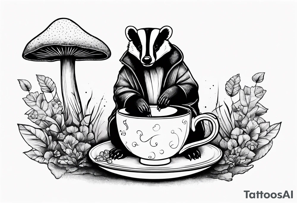 Badger in a coat with a teacup sitting on a mushroom tattoo idea