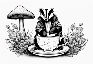 Badger in a coat with a teacup sitting on a mushroom tattoo idea