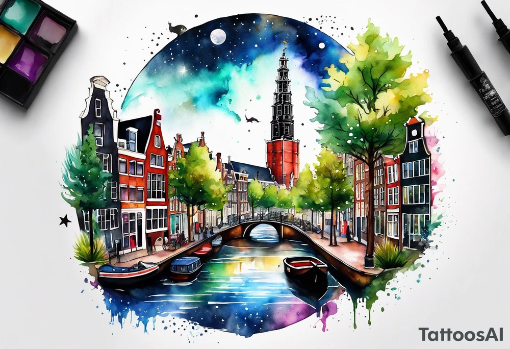 Watercolour style arm tattoo of Amsterdam canal in space featuring wildlife, stag deer and pineapples tattoo idea