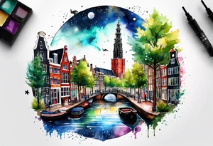 Watercolour style arm tattoo of Amsterdam canal in space featuring wildlife, stag deer and pineapples tattoo idea