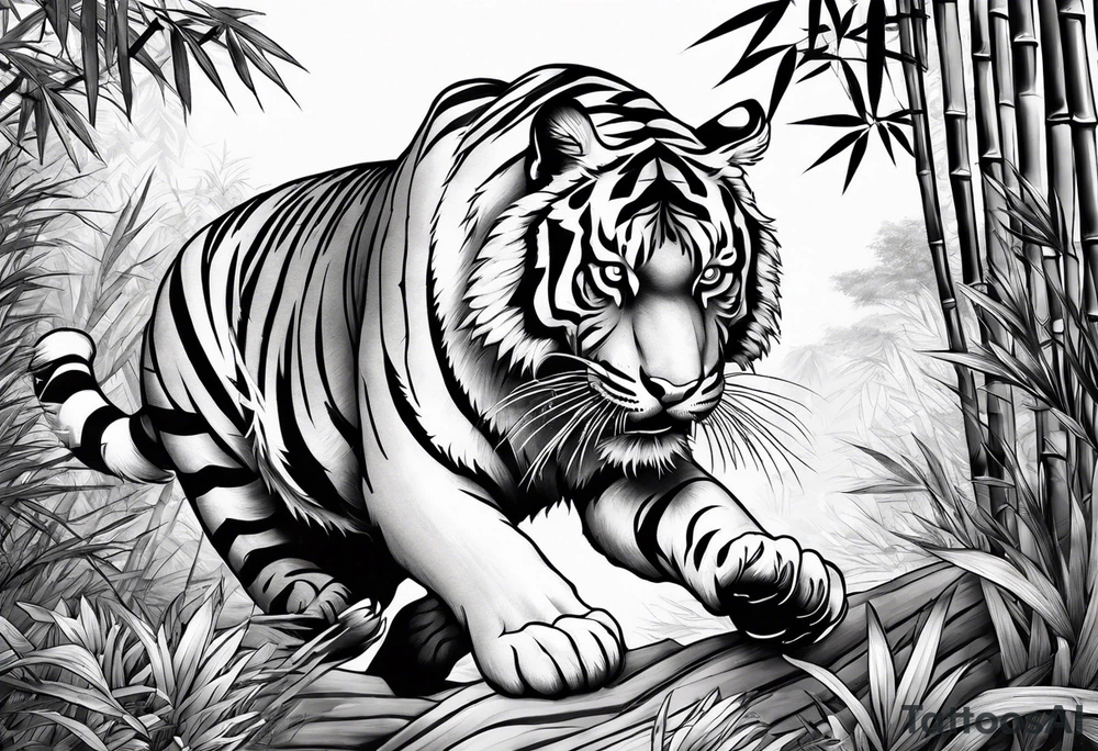 pouncing Tiger in bamboo forest tattoo idea