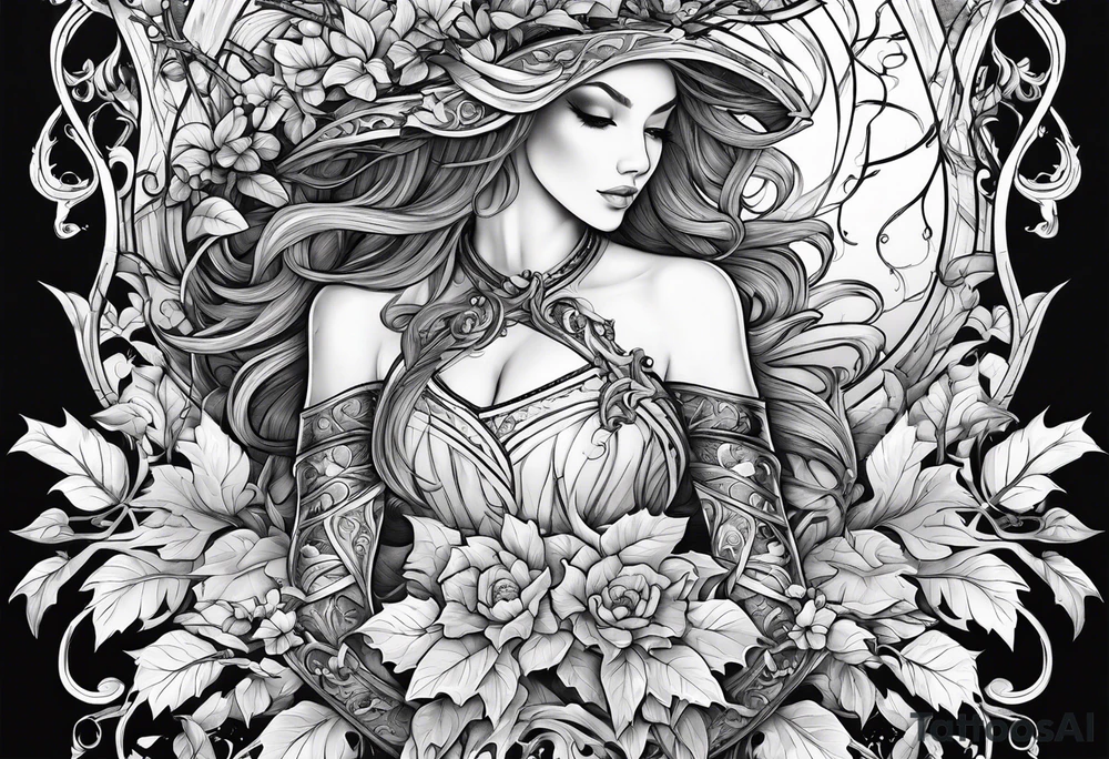Leafy vines with sword tattoo idea