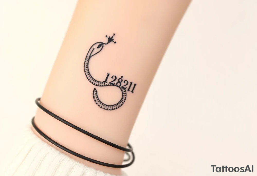 I want a small simple silhouette lines black and white wrist princess like girl snake tattoo that has number 12821 on its body along and also I want it to represent feminine energy crown queen Cycle tattoo idea