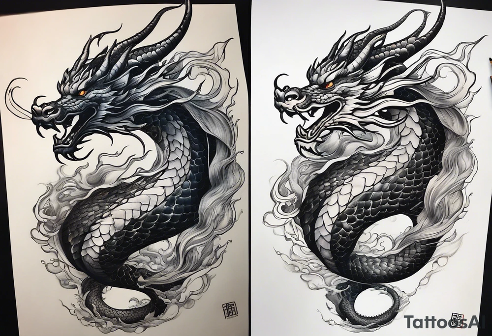 An epic floating asian dragon. Its long body coiling dynamically, with scales and horns detailed to create a sense of movement and strength. The dragon's giving a vibrant depth and a mystical aura. This tattoo highlights the dragon’s fierce expression and sharp claws. tattoo idea