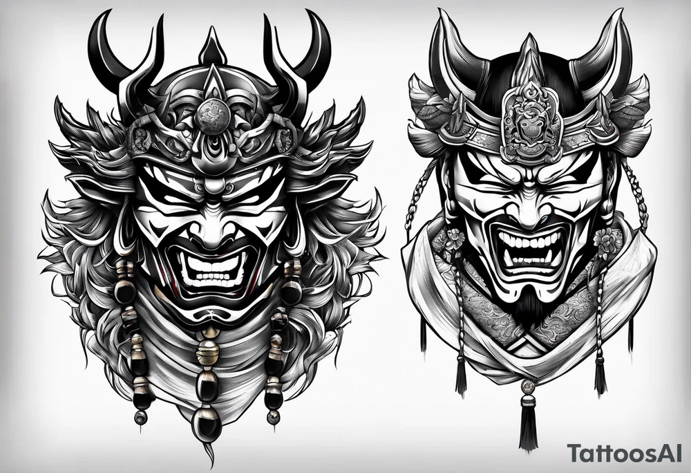 Japanese Samurai two Mask Tattoo Designs laugh and cry tattoo idea