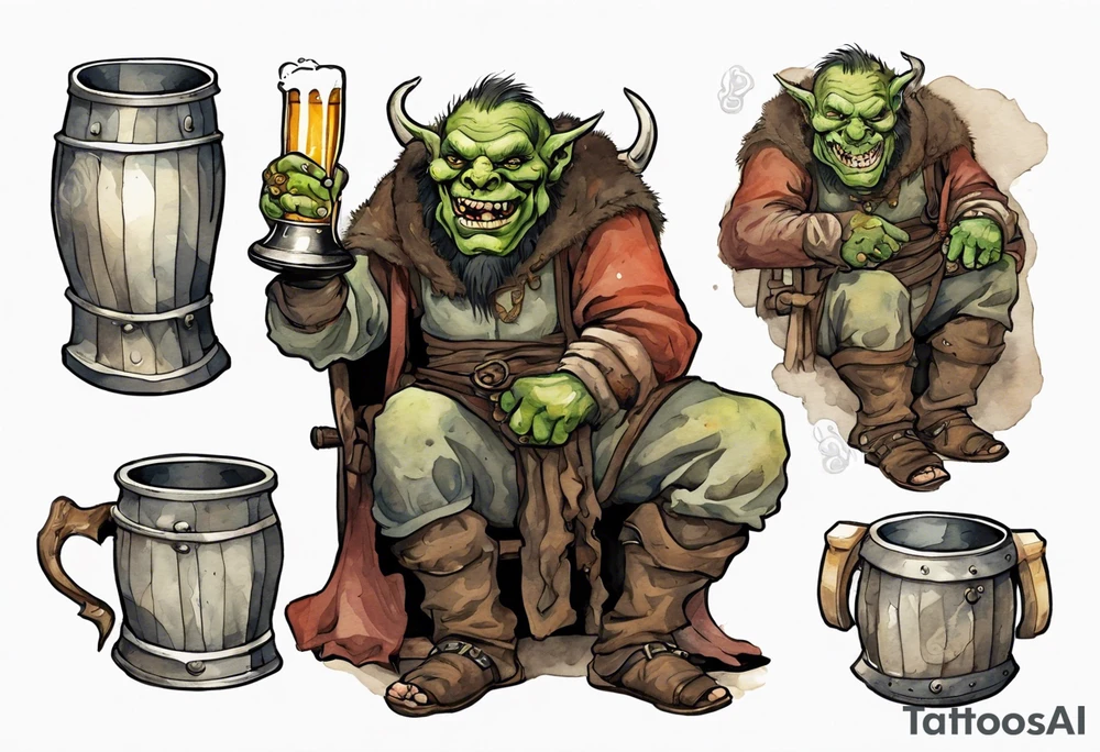 a medieval orc wearing a tunic and drinking from a pewter mug of beer in a tavern, laughing tattoo idea
