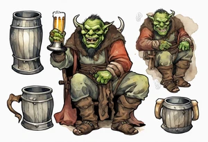a medieval orc wearing a tunic and drinking from a pewter mug of beer in a tavern, laughing tattoo idea