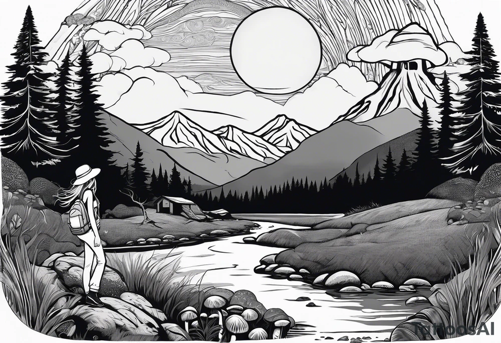 Straight long blonde hair hippie girl in distance holding mushrooms in hand facing away toward mountains and creek surrounded by mushrooms tee shirt and hiking pants; whole rendering within a full circle, no cut off circle tattoo idea