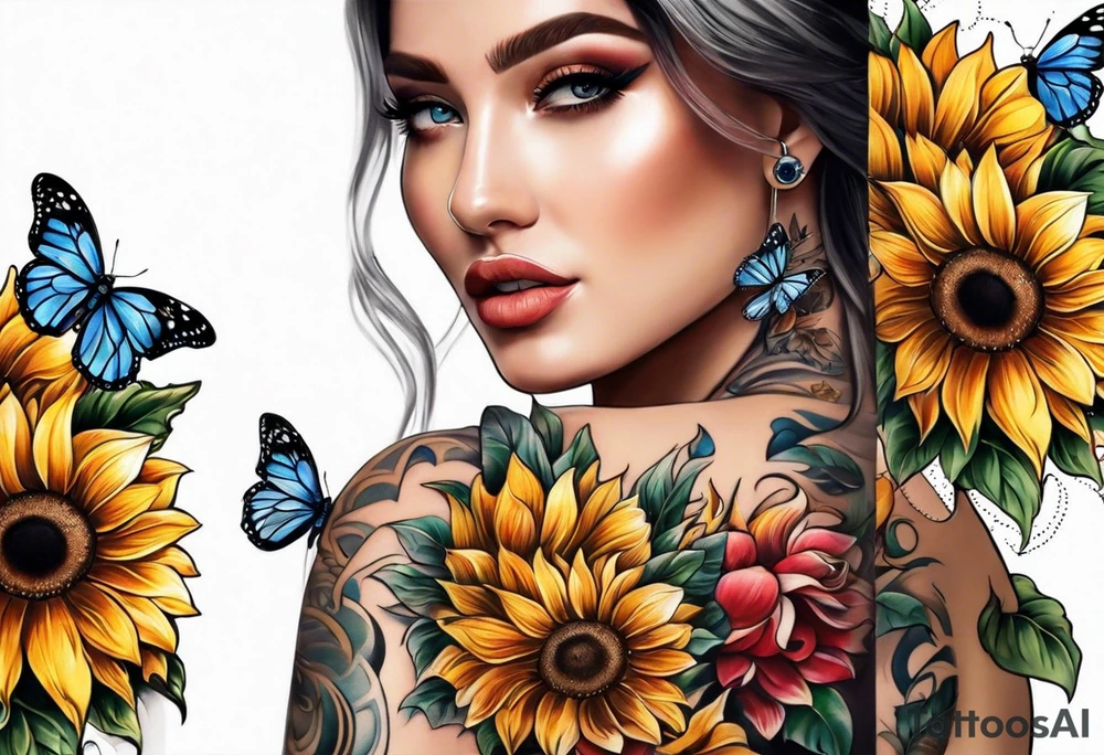 Arm sleeve with sunflowers and butterflies tattoo idea