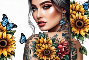 Arm sleeve with sunflowers and butterflies tattoo idea