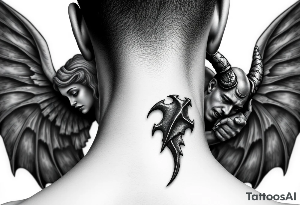 position behind the neck Angel (on the right) whispering in the right ear, demon (on the left) whispering in the left ear. It must be as realistic as possible. tattoo idea