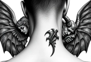 position behind the neck Angel (on the right) whispering in the right ear, demon (on the left) whispering in the left ear. It must be as realistic as possible. tattoo idea