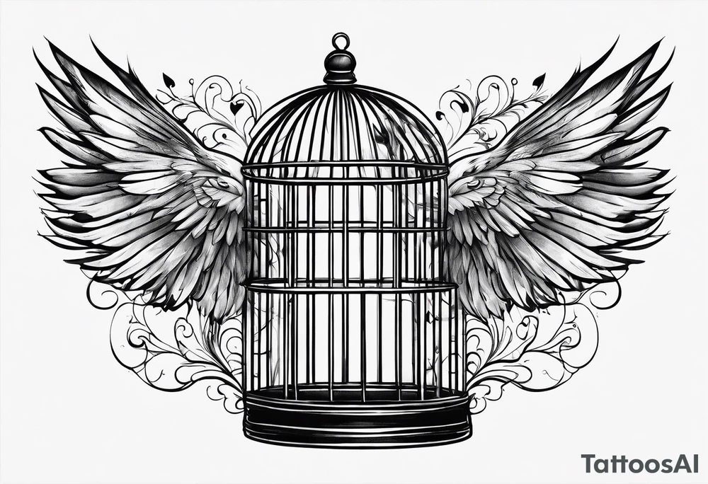 A simple bird cage with the door open with a bird flying out tattoo idea